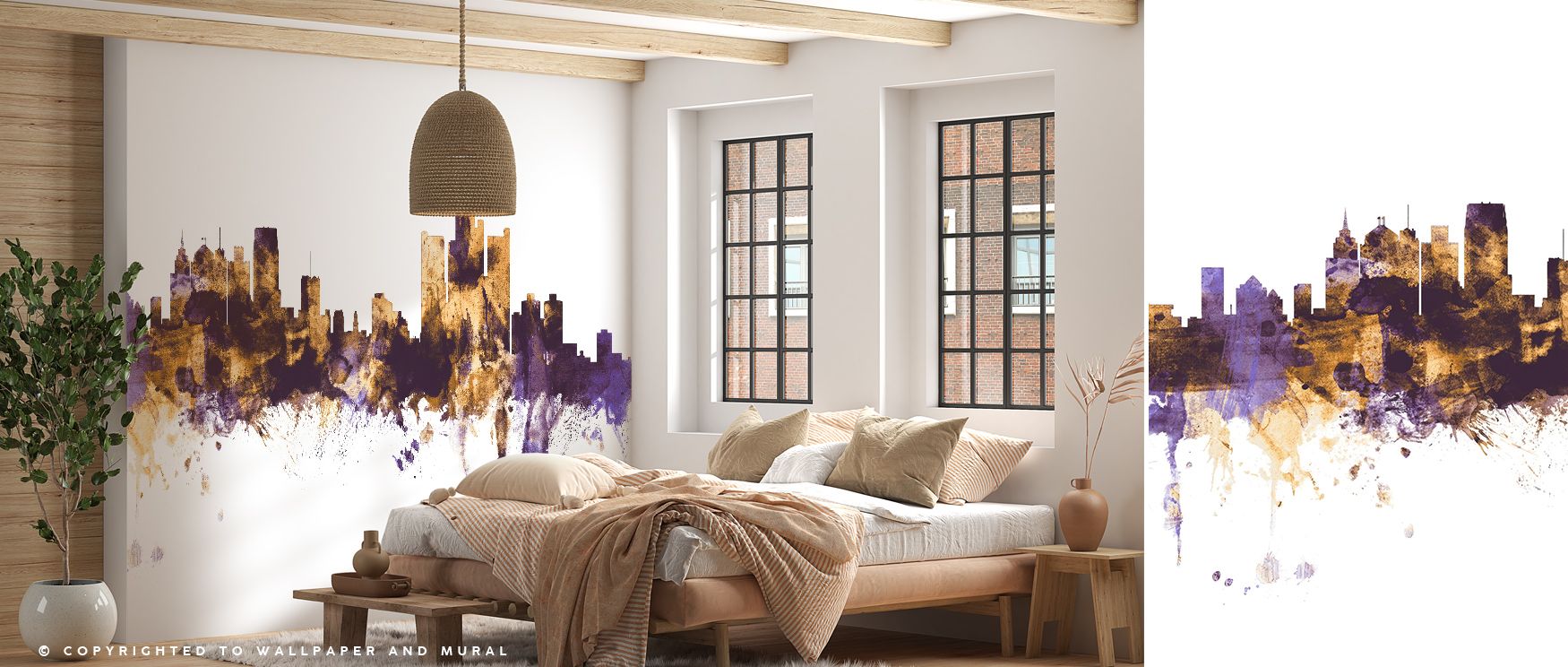 Detroit Michigan Skyline Purple & Gold Wallpaper portrays grandeur through vibrant tones. Purple builds depth, while gold enhances brilliance. The imagery conveys heritage pride, enriching bedrooms, living rooms, or offices with atmosphere of cultural ref