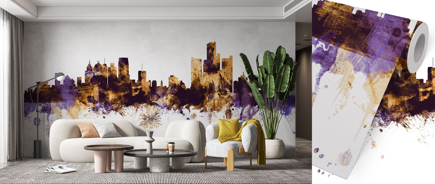 Detroit Michigan Skyline Purple & Gold Wallpaper inspires interiors through glowing palette, with towers reflecting cultural pride. Its imagery feels rich yet balanced, enhancing living rooms, offices, or bedrooms with sophistication. The design conveys t