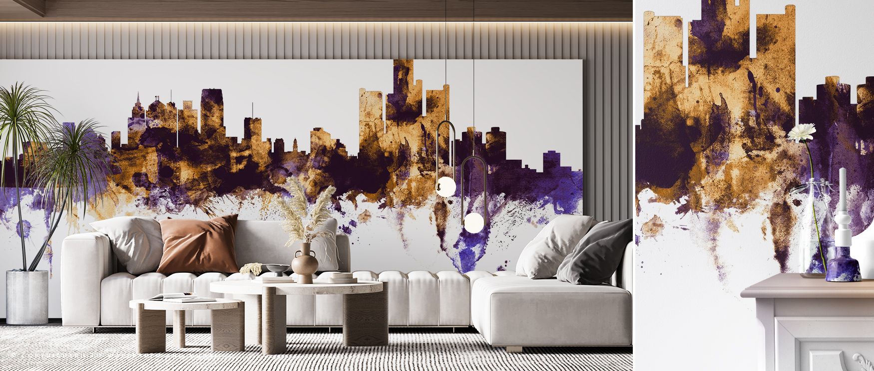 Detroit Michigan Skyline Purple & Gold Wallpaper enriches interiors with luminous tones. The imagery conveys grandeur, producing mood of pride and elegance. Perfect for offices, bedrooms, or living rooms, it shapes walls into cultural portraits filled wit