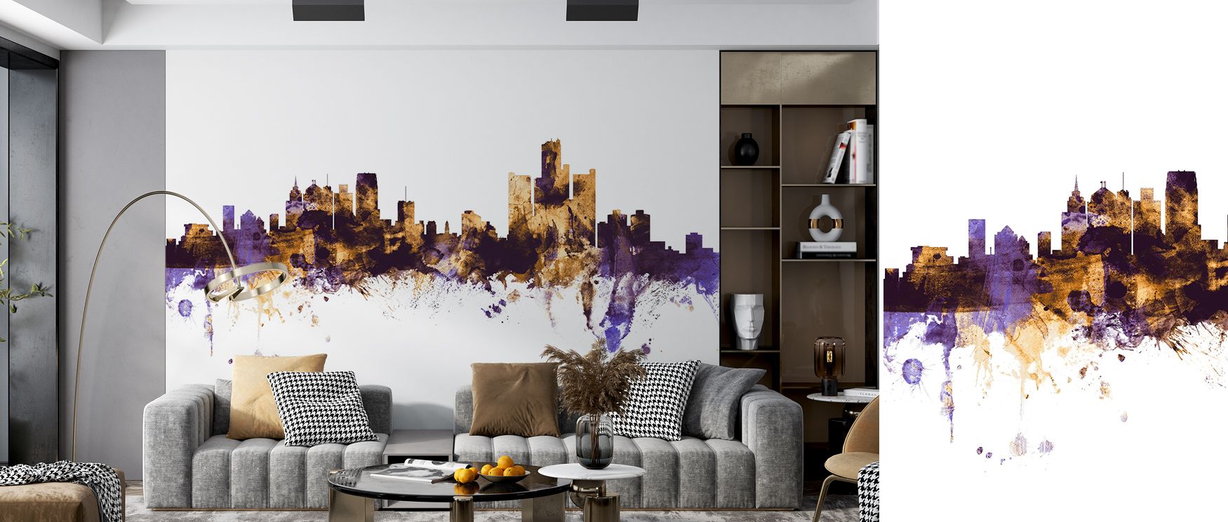 Detroit Michigan Skyline Purple & Gold Wallpaper conveys luxury through rich tones, where architecture rises in balance. Its composition highlights artistry and heritage. Bedrooms, living rooms, or offices resonate with cultural charm and calm strength. 