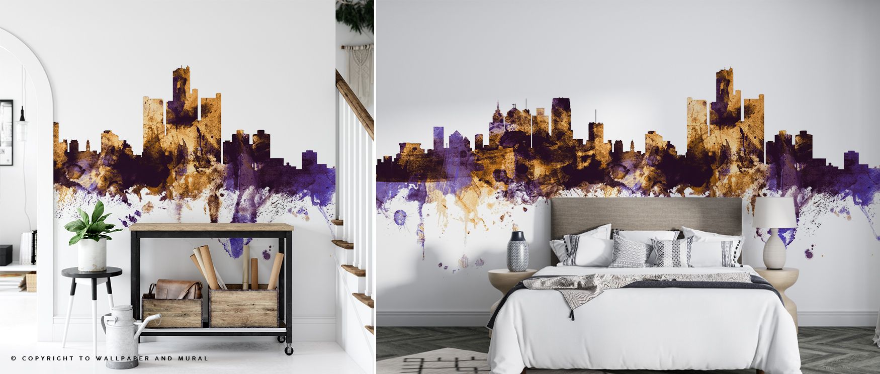 Detroit Michigan Skyline Purple & Gold Wallpaper adds sophistication to interiors, balancing purple depth with golden brilliance. Its imagery inspires reflection and calmness. Living rooms, offices, or bedrooms gain refined mood rooted in cultural artistr