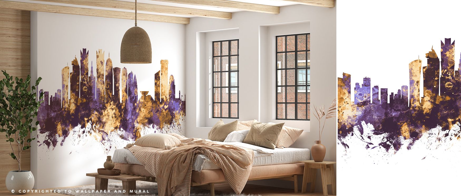 Across Doha Qatar Skyline Purple & Gold Wallpaper, towers rise in luminous tones. The design reflects heritage identity while maintaining elegance. Living rooms, offices, or bedrooms gain atmosphere filled with cultural charm and luxury. 