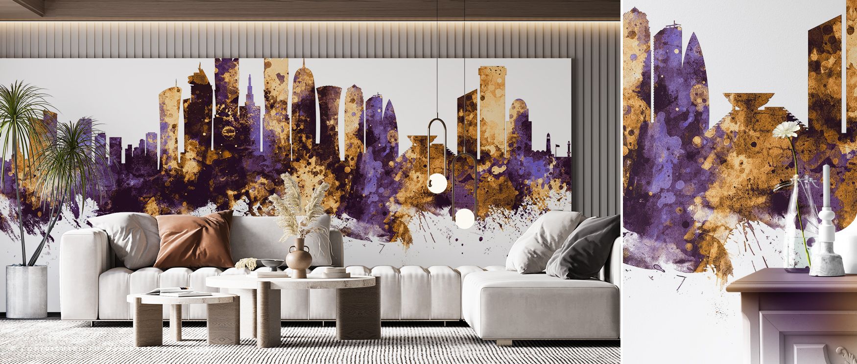 Doha Qatar Skyline Purple & Gold Wallpaper enriches interiors with luminous presence, where radiant tones highlight heritage. Its imagery conveys strength, shaping offices, bedrooms, or living rooms into cultural spaces filled with calm grandeur. 