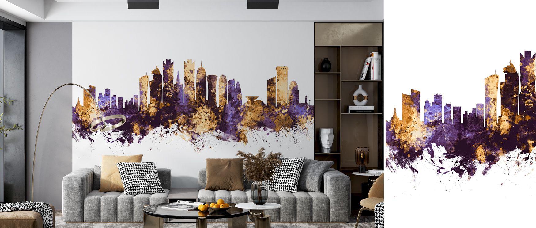 Doha Qatar Skyline Purple & Gold Wallpaper reflects artistry through glowing palette, balancing richness and calm. Its imagery enhances living rooms, bedrooms, or offices, creating refined environments of luxury and identity. 