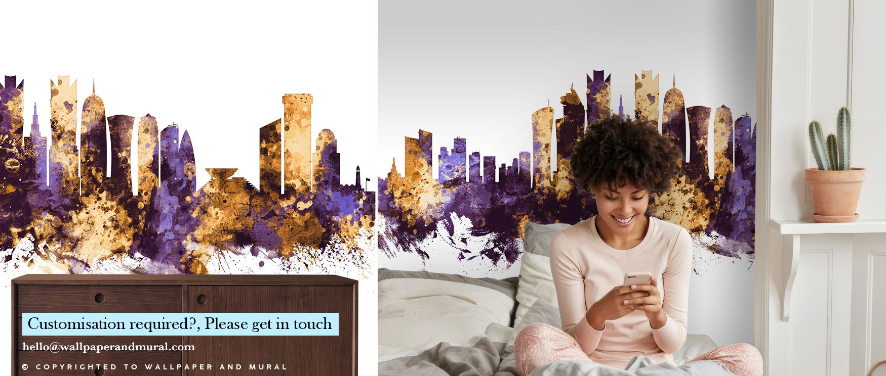 Doha Qatar Skyline Purple & Gold Wallpaper inspires interiors with luminous tones that convey heritage pride. The design highlights architectural beauty, enriching offices, bedrooms, or living rooms with atmosphere of sophistication. 
