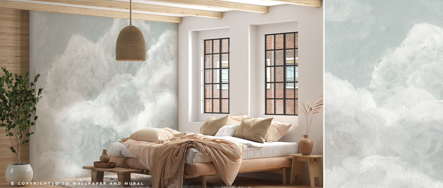 Dreaming in Clouds Wallpaper conveys calm elegance through sky forms painted in gentle detail. Its imagery creates lightness and serenity, turning offices, bedrooms, or living rooms into settings filled with poetic charm and refined atmosphere. 