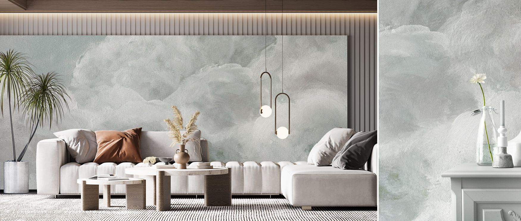 Dreaming in Clouds Wallpaper captures atmosphere of serenity, with patterns flowing gracefully. The design conveys quiet strength, enriching offices, bedrooms, or living rooms. It transforms interiors into spaces inspired by softness of skies. 