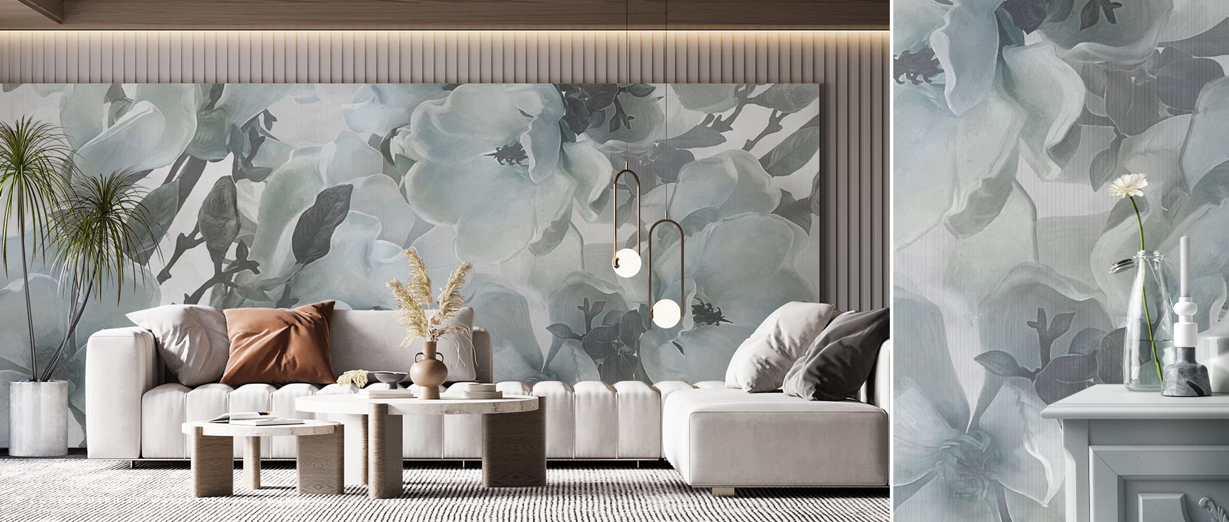 Dreaming of Magnolias Blue Wallpaper portrays magnolia blossoms in rhythmic harmony. The tones build calm presence, enriching offices, bedrooms, or living rooms with floral elegance and serenity. 
