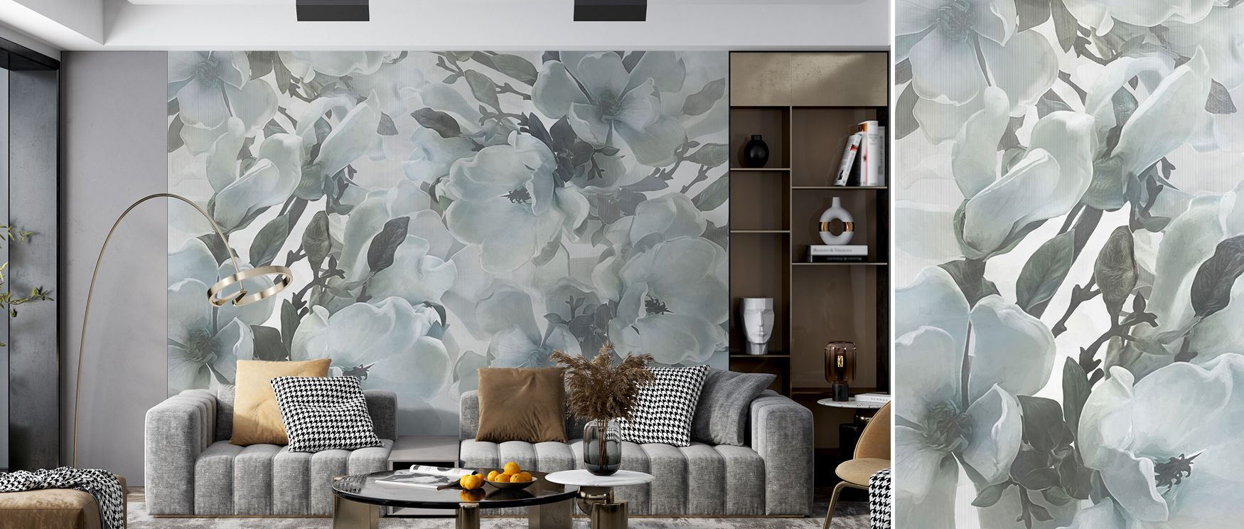 Dreaming of Magnolias Blue Wallpaper creates refined elegance through calm palette. Its blossoms suggest depth and beauty, shaping interiors with serenity. Offices, bedrooms, or living rooms benefit from charm and inspiration. 