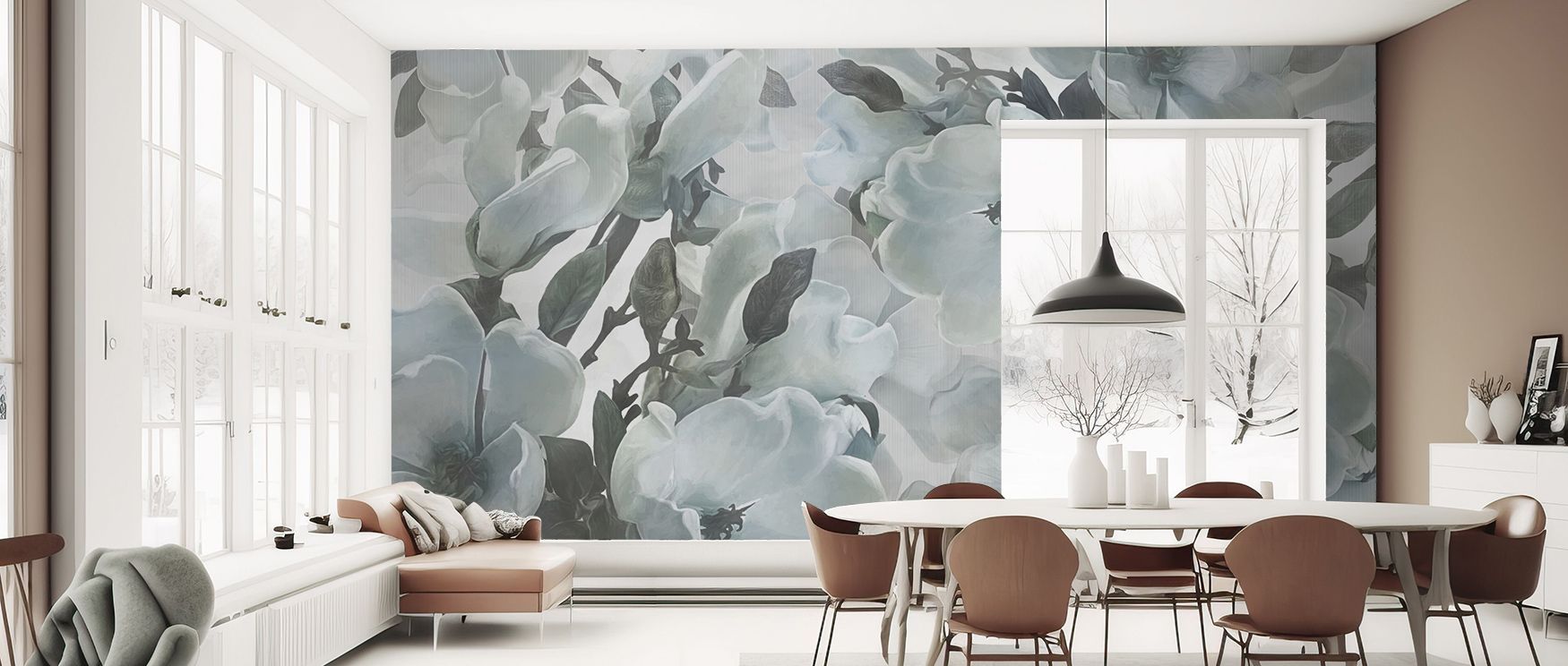 Dreaming of Magnolias Blue Wallpaper reflects charm through detailed blossoms, creating balanced composition. Its artistry conveys elegance, making bedrooms, offices, or living rooms resonate with poetic grace. 
