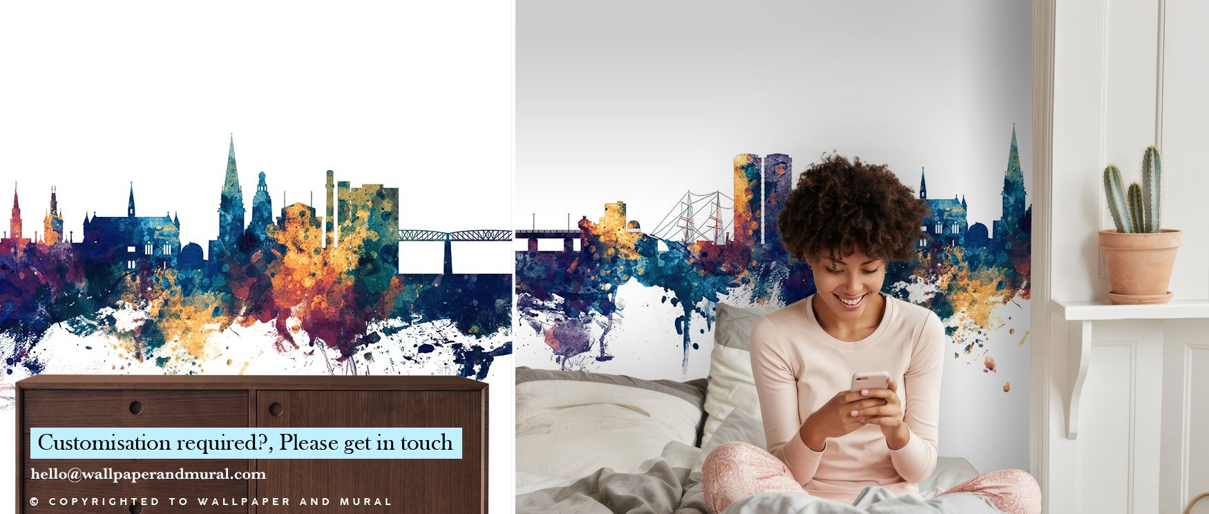 Dundee Scotland Skyline Blue & Bronze Wallpaper conveys sophistication with radiant tones highlighting architectural silhouettes. Its imagery enriches offices, bedrooms, or living rooms with cultural charm. The design inspires heritage pride. 