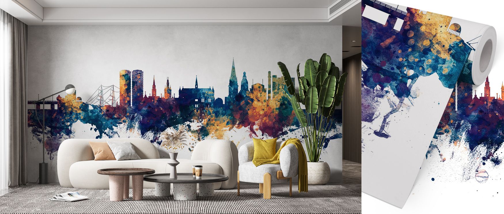 Dundee Scotland Skyline Blue & Bronze Wallpaper reflects heritage pride with tones of bronze and blue. Its imagery enriches offices, bedrooms, or living rooms with charm. The design conveys balance and resonance. 