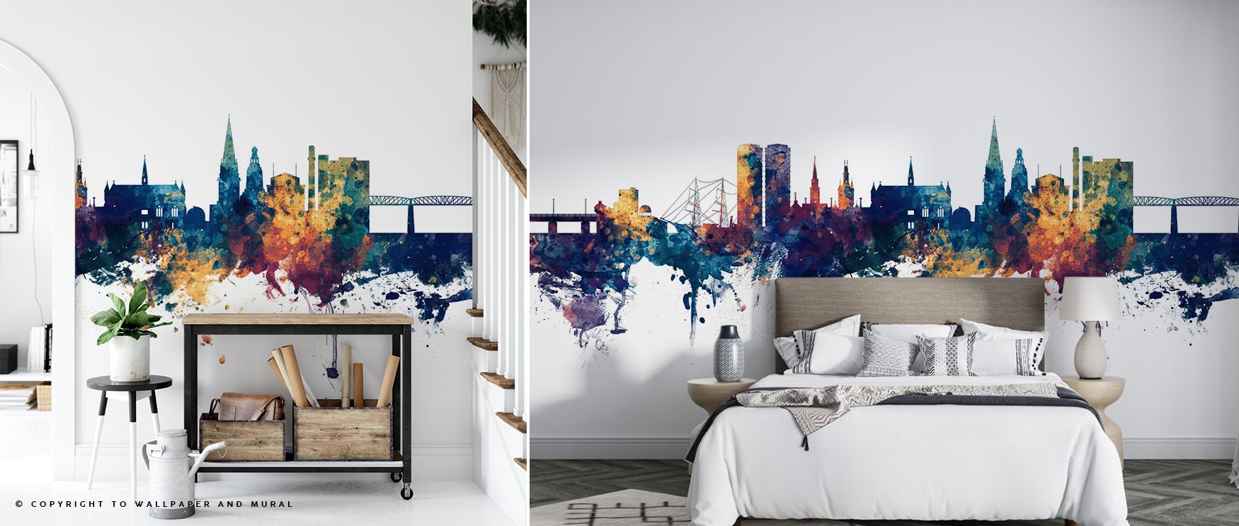 Dundee Scotland Skyline Blue & Bronze Wallpaper builds resonance with palette shaped by bronze and blue. Its tones enrich bedrooms, offices, or living rooms with calmness. The design conveys charm. 
