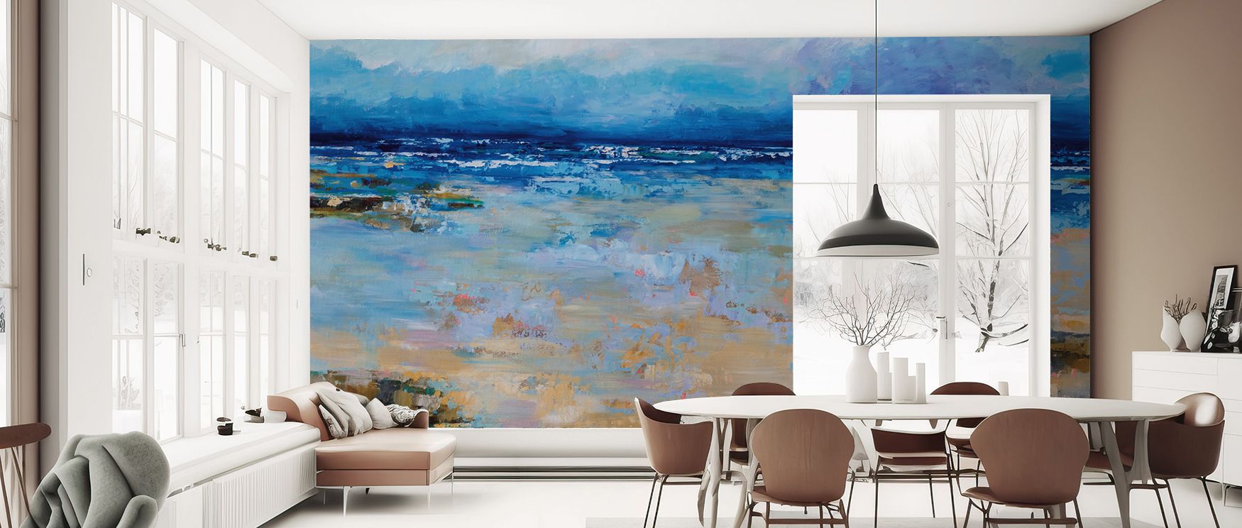 East Beach Wallpaper portrays harmony of waves and sand depicted in subtle palette. Its tones enrich offices, bedrooms, or living rooms with natural inspiration. The design conveys calmness and grace. 