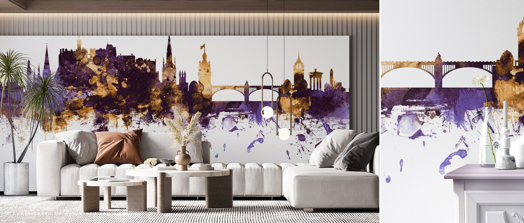 Edinburgh Scotland Skyline Purple & Gold Wallpaper builds presence that conveys both strength and serenity, using vibrant tones to highlight architecture. Its design enriches walls with cultural pride, shaping bedrooms, offices, or living rooms into space