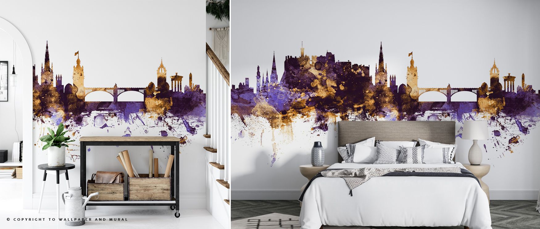 Edinburgh Scotland Skyline Purple & Gold Wallpaper creates grandeur through balance of vibrant hues. Its imagery conveys heritage while maintaining modern elegance, shaping living rooms, bedrooms, or offices with cultural sophistication. 