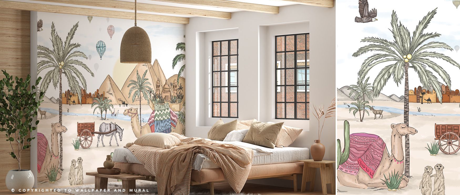 Egyptian Oasis Wallpaper conveys cultural elegance through lush imagery of palms, water, and desert tones. Its design reflects balance between vitality and calmness, creating settings that feel immersive and serene. Bedrooms, offices, or living rooms gain