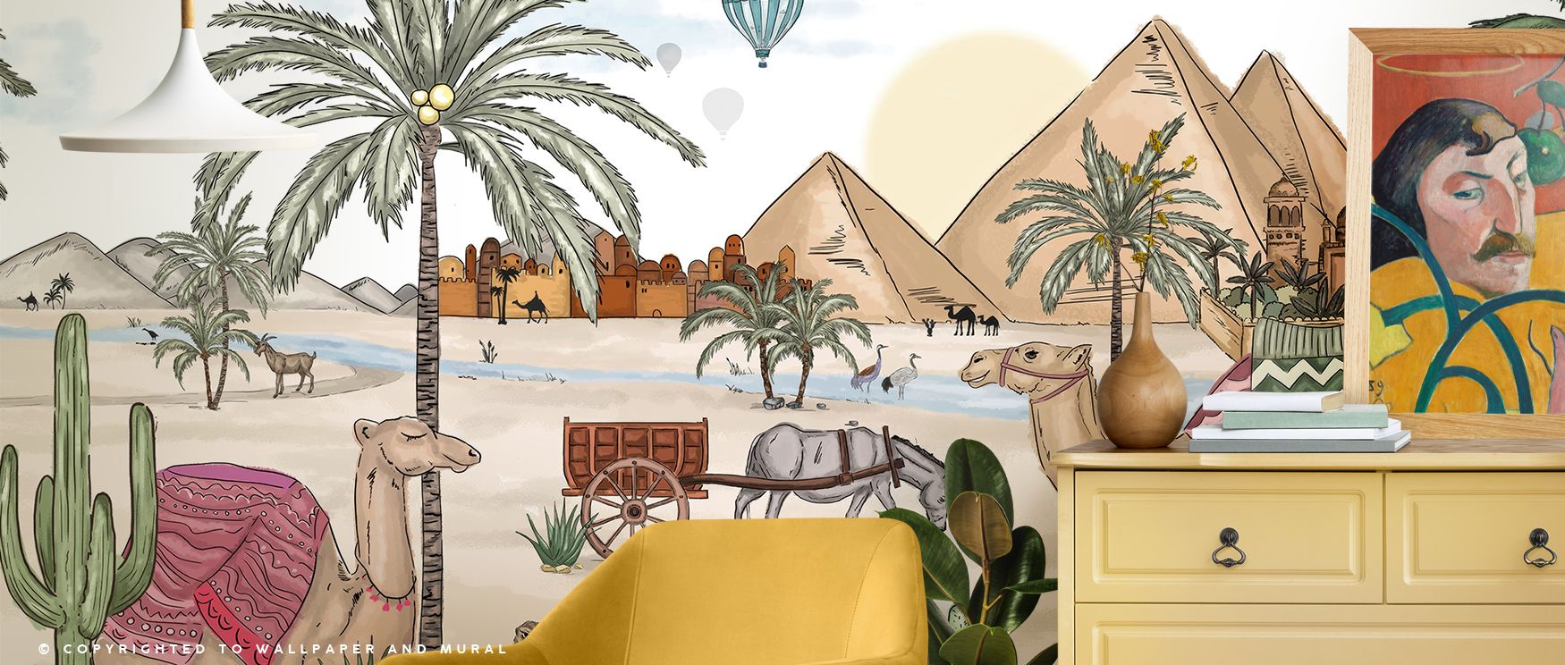 Egyptian Oasis Wallpaper creates calm presence through lush imagery, making interiors feel connected to culture and nature. Its tones enrich bedrooms, offices, or living rooms with refinement, shaping walls into serene landscapes. 