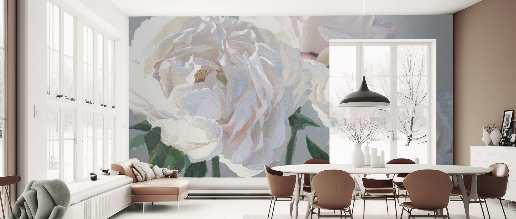 Essence of June Gray Wallpaper enhances interiors with blossoms painted in muted tones. Its imagery conveys timeless charm, shaping living rooms, bedrooms, or offices with calm sophistication. The wallpaper enriches walls with delicate rhythm. 