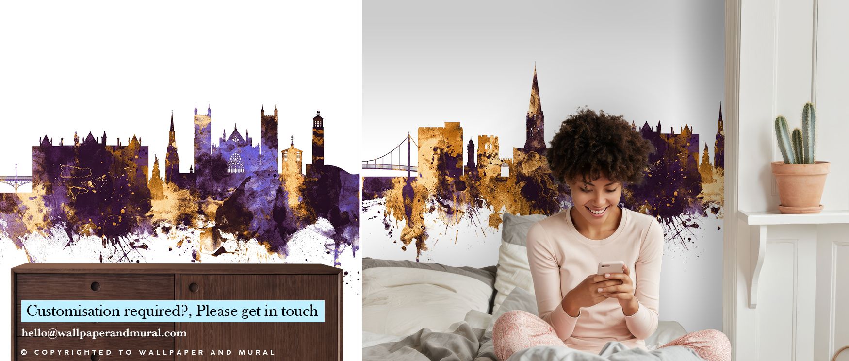 Exeter England Skyline Purple & Gold Wallpaper conveys grandeur through radiant imagery that highlights cultural pride. Its tones balance richness and calmness, enriching offices, bedrooms, or living rooms with timeless resonance and charm. 