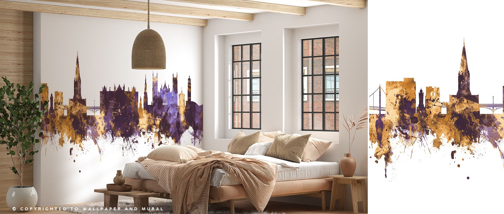 Exeter England Skyline Purple & Gold Wallpaper portrays balance of tradition and luxury with radiant palette. Its tones enhance living rooms, bedrooms, or offices, enriching spaces with cultural resonance. The wallpaper conveys grandeur. 