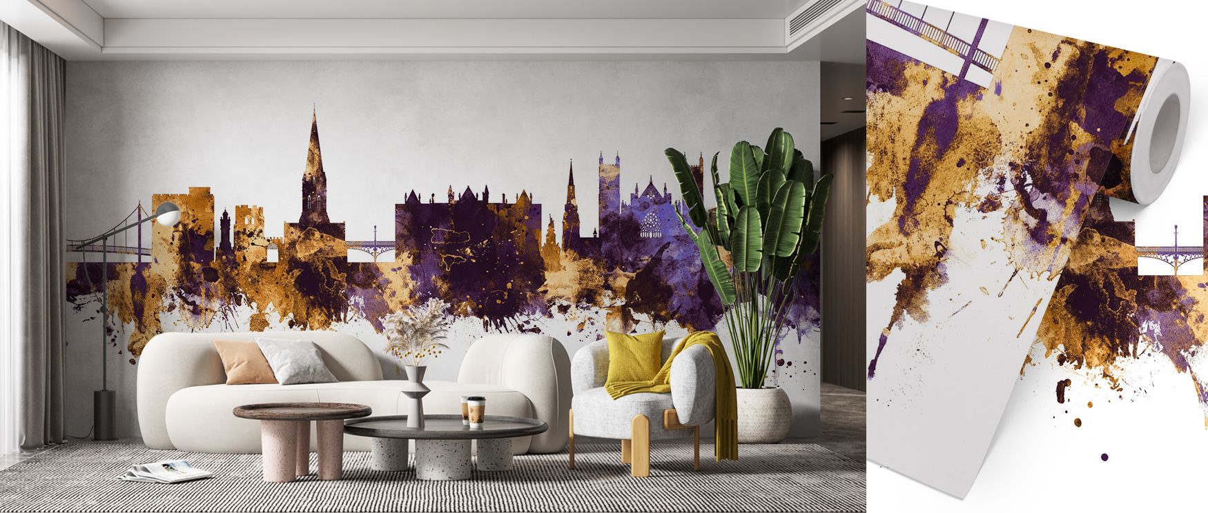 Exeter England Skyline Purple & Gold Wallpaper enriches walls with luminous palette that reflects heritage charm. Its tones add refinement, making offices, bedrooms, or living rooms resonate with cultural pride. 