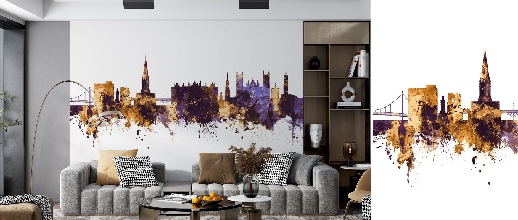 Exeter England Skyline Purple & Gold Wallpaper reflects timeless sophistication, with imagery that balances brilliance and depth. Its tones inspire refinement, making offices, bedrooms, or living rooms cultural spaces enriched with elegance. 