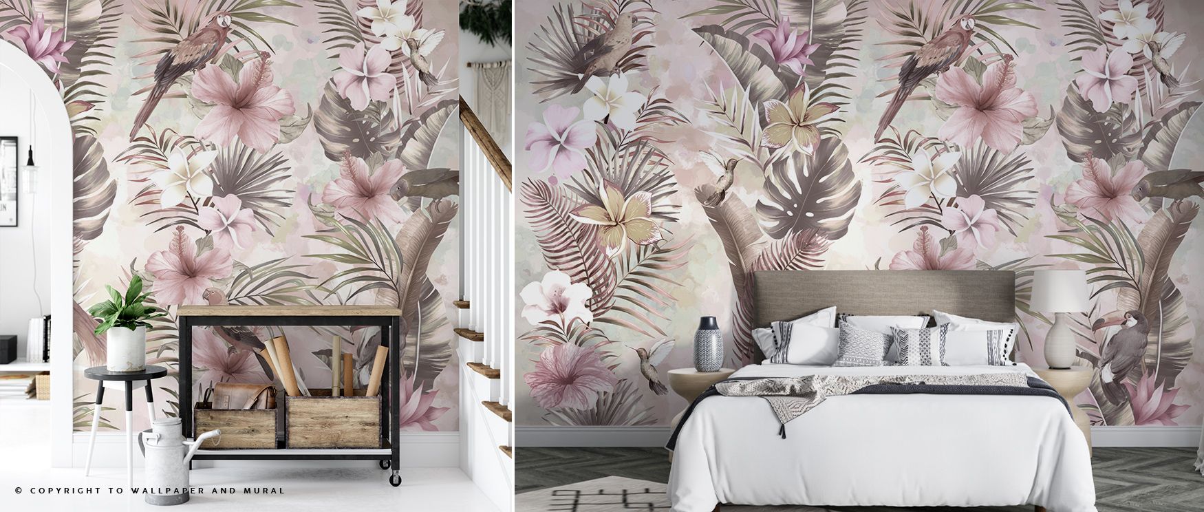 Exotic Vibes Wallpaper portrays vitality by presenting palms and tropical foliage in harmonious rhythm. Its tones enrich walls with charm, shaping living rooms, offices, or bedrooms into serene spaces of artistry and elegance. 