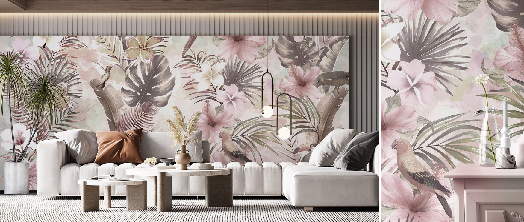 Exotic Vibes Wallpaper conveys charm through foliage rendered in radiant tones. Its imagery enriches walls with vitality, shaping bedrooms, offices, or living rooms into calm retreats. The design inspires serenity and refinement. 