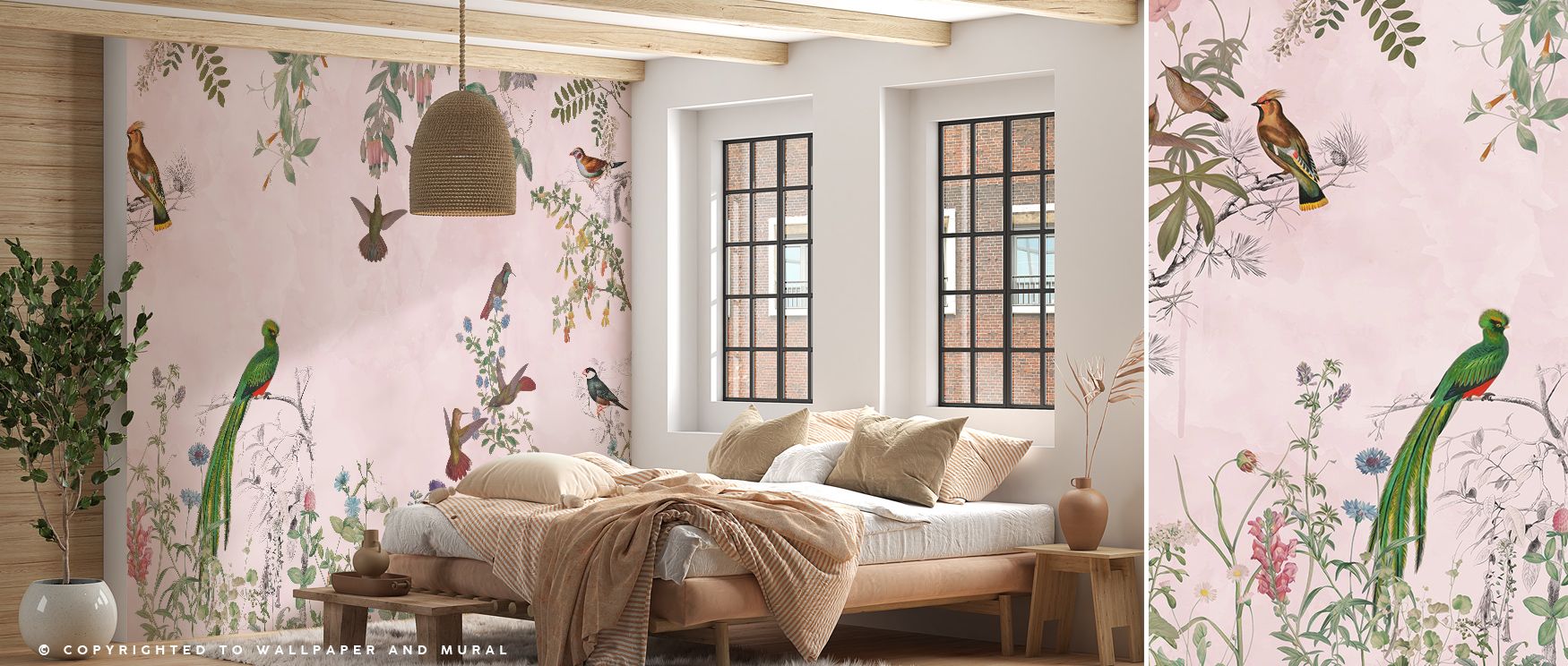 The Fields of Birds and Flowers Wallpaper blossoms with imagery where soft petals and delicate birds appear in harmony. Its tones suggest calm and renewal, making bedrooms, offices, or living rooms glow with elegance and quiet beauty. 