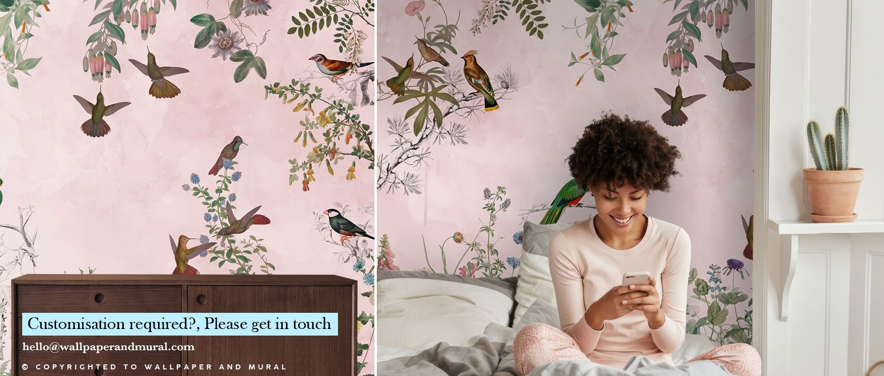 Across the surface of the Fields of Birds and Flowers Wallpaper, flowers and birds gather to form balanced rhythm. The design carries softness and grace, adding sophistication and serenity to bedrooms, offices, or living rooms with ease. 