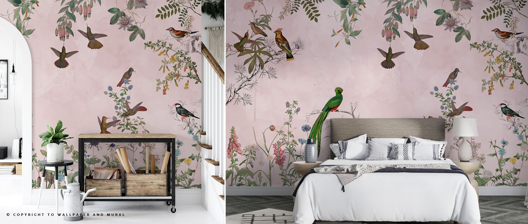 Petals and feathers intertwine within the Fields of Birds and Flowers Wallpaper, evoking imagery of blooming gardens and tranquil skies. Its calm atmosphere enhances bedrooms, living rooms, or offices, offering artistry that feels timeless and delicate. 