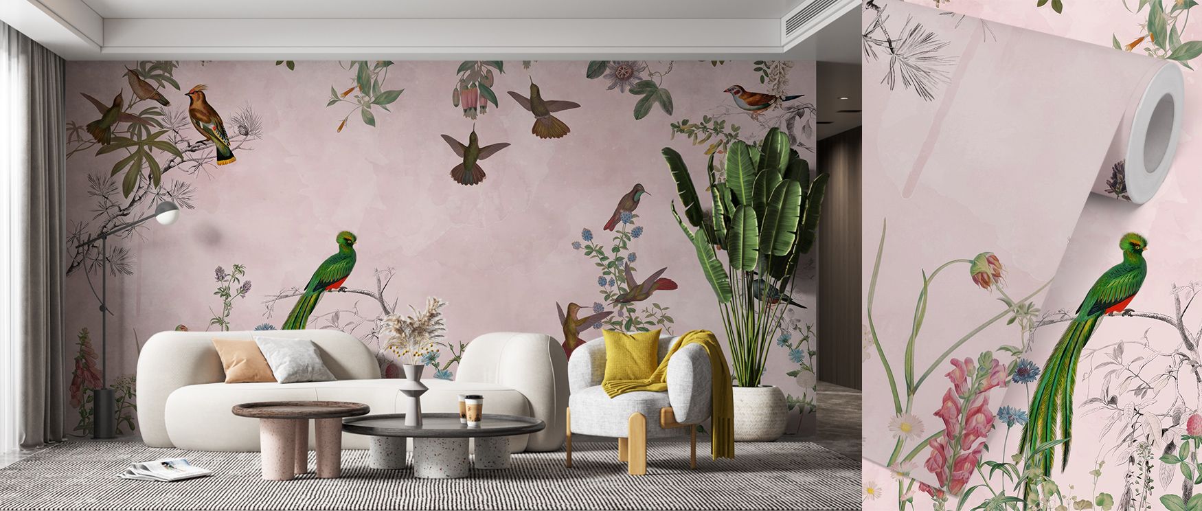 Inspired by natural gardens, the Fields of Birds and Flowers Wallpaper captures details of blossoms and birds in poetic motion. It enriches interiors with calm harmony, creating bedrooms, offices, or living rooms that breathe serenity and artistic charm. 
