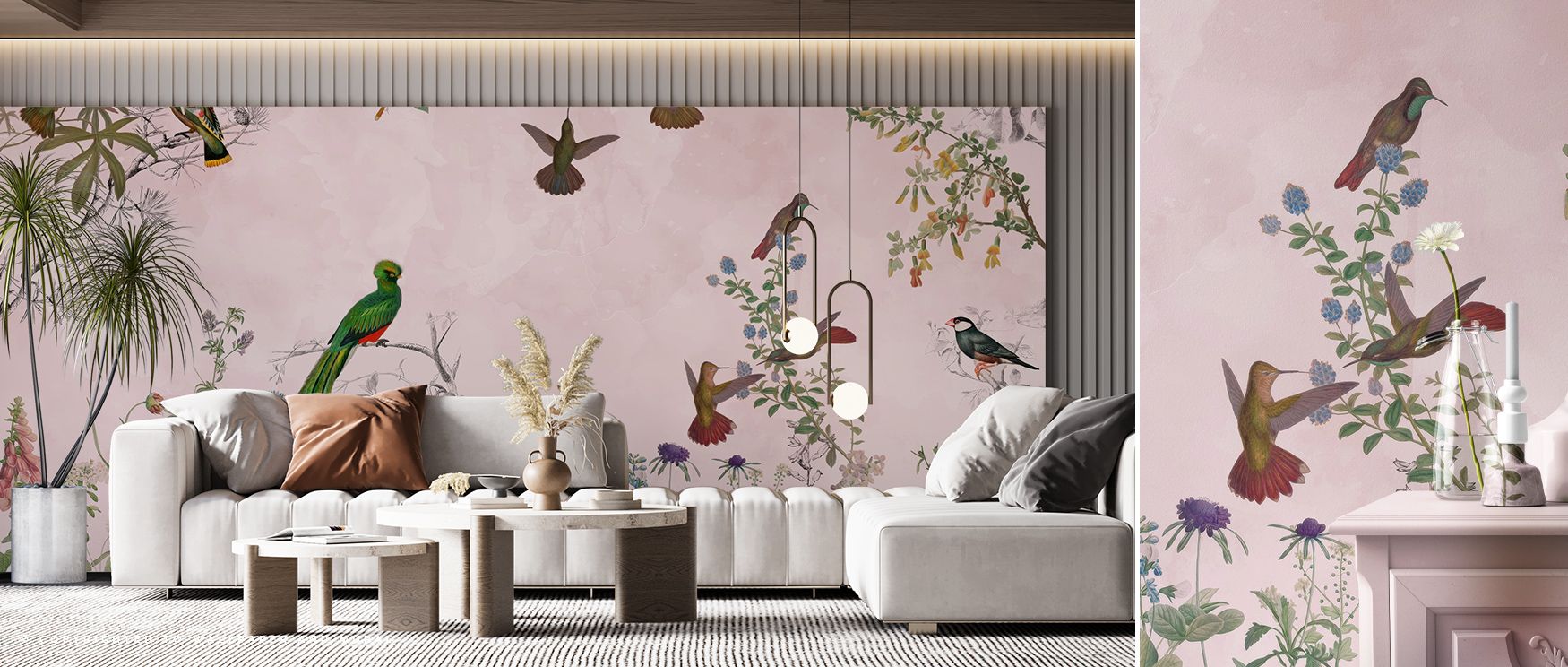 Gentle tones flow within the Fields of Birds and Flowers Wallpaper, where birds rest among flowers with quiet elegance. Its design adds calm and refined balance to bedrooms, offices, or living rooms, reflecting nature’s beauty with artistry. 