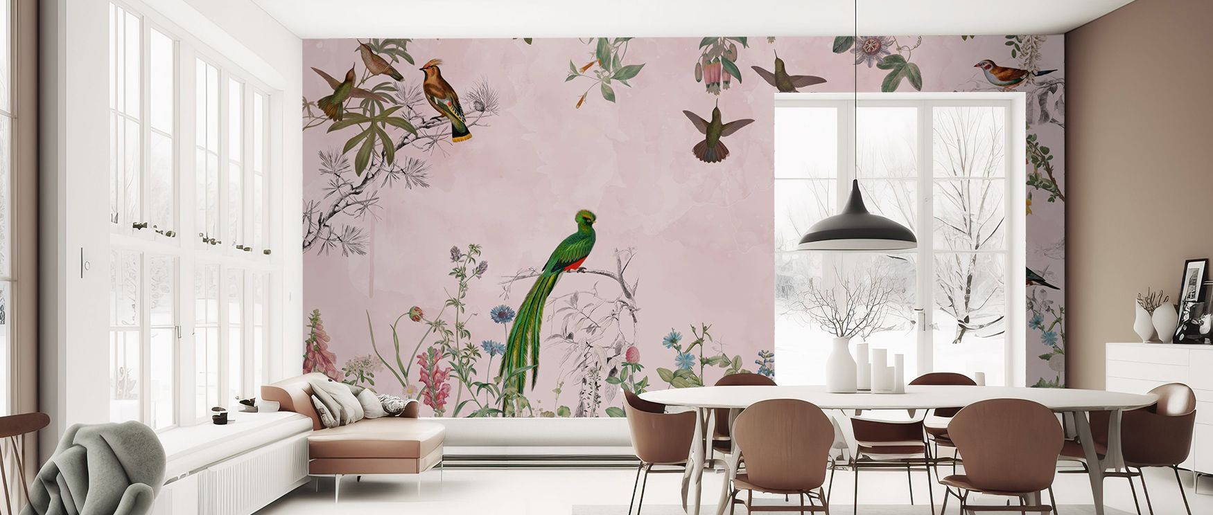 The Fields of Birds and Flowers Wallpaper creates tranquility with imagery of blossoms and resting birds. Its rhythm enhances interiors with grace and serenity, offering bedrooms, living rooms, or offices a backdrop of timeless beauty. 