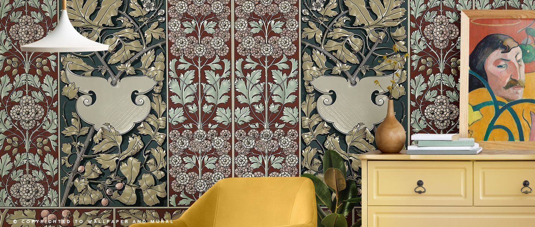 Flowers and Berries Red Wallpaper beams with floral liveliness, berries enhancing depth. Its tones enrich bedrooms or studies, creating atmosphere of vitality. The design thrives on artistry, weaving charm and joy into interiors. It uplifts mood, offering