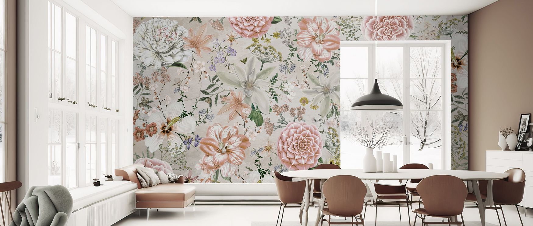 Soft floral grace combines with structure in Flowers and Stripes Wallpaper, creating balanced rhythm. Its tones enrich kitchens or lounges, inspiring creativity. The design uplifts mood, turning walls into artistic canvases of calm. It celebrates sophisti