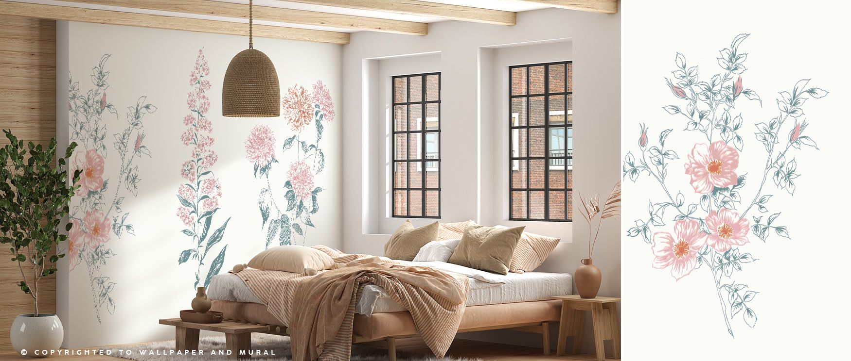 A serene narrative thrives in Flowers on White X Wallpaper, blossoms radiant on white surface. Its tones suit reflective bedrooms or kitchens, offering clarity. The design nurtures mood with balance, filling interiors with artistic presence. It transforms