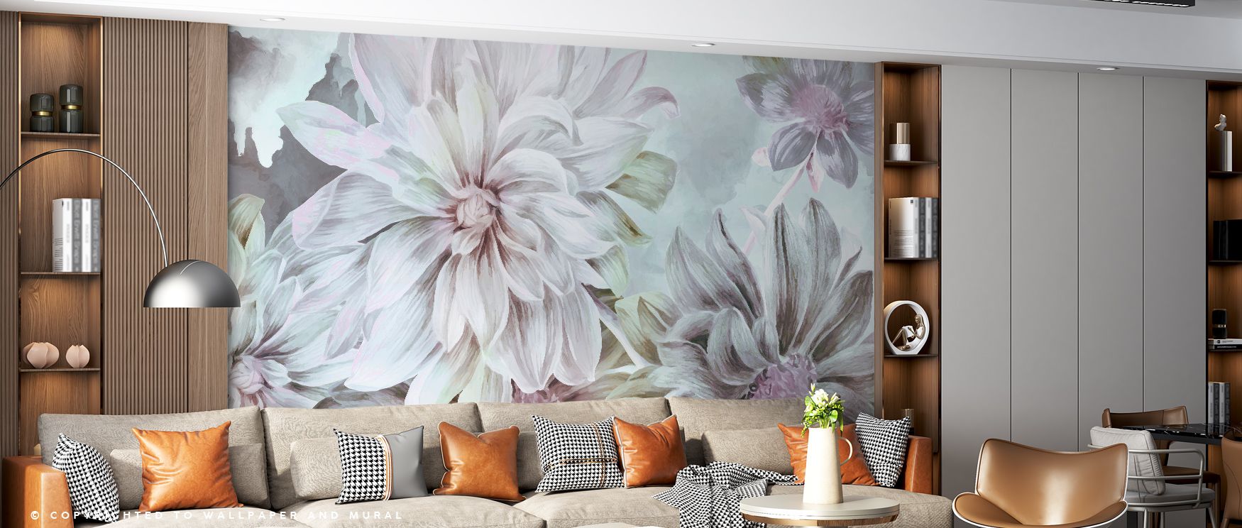 Focus on the Dahlia Wallpaper beams joy, floral imagery adding charm to interiors. Its tones enhance bedrooms or reflective corners, uplifting mood. The design thrives on floral artistry, creating walls that radiate serenity and vitality. It enriches atmo