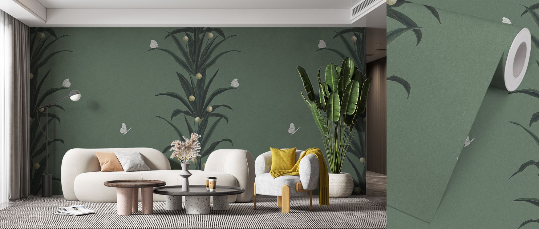 Foliage & Butterflies Sage Wallpaper beams tranquility, foliage and wings forming rhythm. Its tones suit bedrooms or offices, inspiring peace. The design enriches interiors with charm, uplifting walls gently. It offers calmness, weaving elegance into home