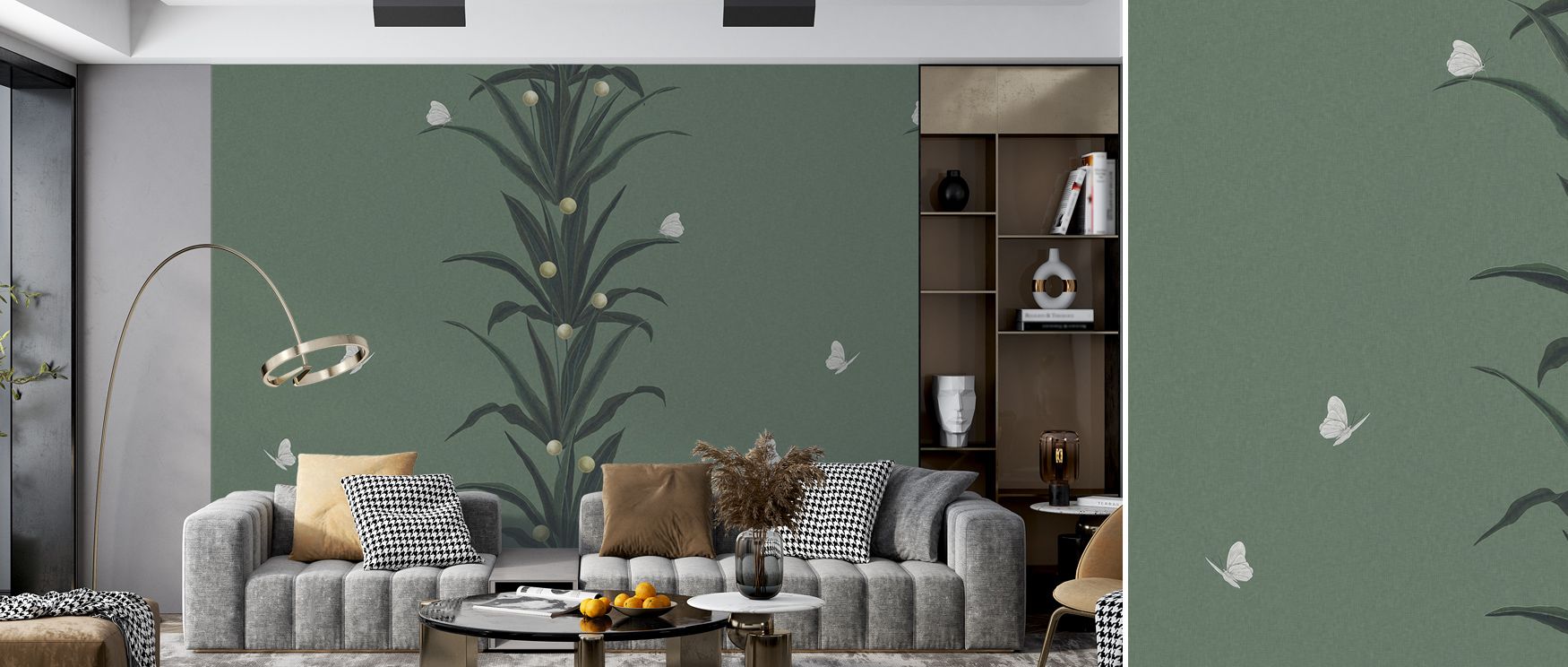 Foliage & Butterflies Sage Wallpaper beams serenity, tones suggesting balance and calmness. Its foliage imagery suits bedrooms or lounges, offering inspiration. The design uplifts mood naturally, weaving artistry into homes. It transforms interiors into p