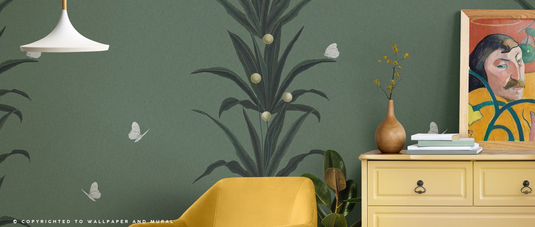 Foliage & Butterflies Sage Wallpaper beams botanical grace, its tones radiating freshness across interiors. Suitable for reflective rooms or living spaces, it enhances mood. The design thrives on calm beauty, uplifting walls naturally. It transforms inter