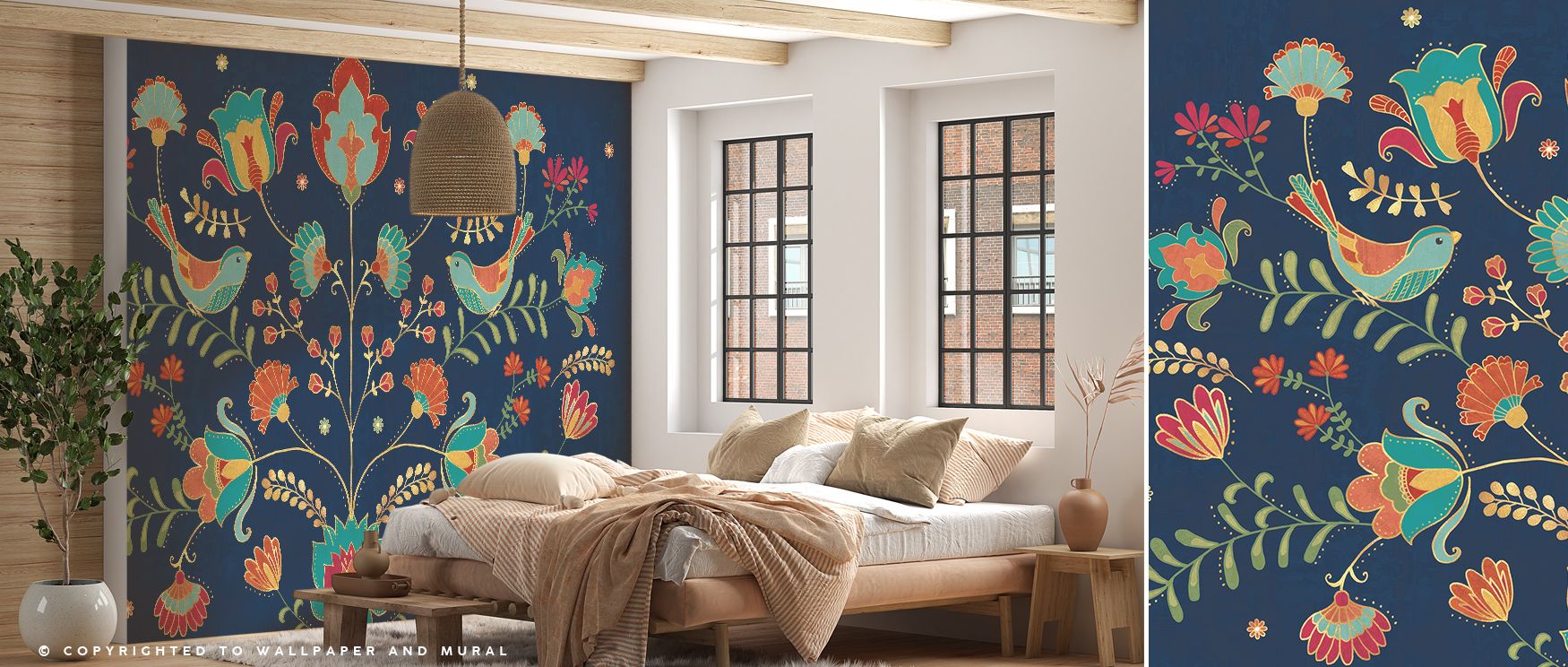 Folk Floral Dark Wallpaper beams cultural artistry, motifs radiating elegance. Suitable for bedrooms or offices, it enriches mood with charm. The design thrives on tradition, building calm presence. It enhances walls naturally, weaving decorative rhythm t
