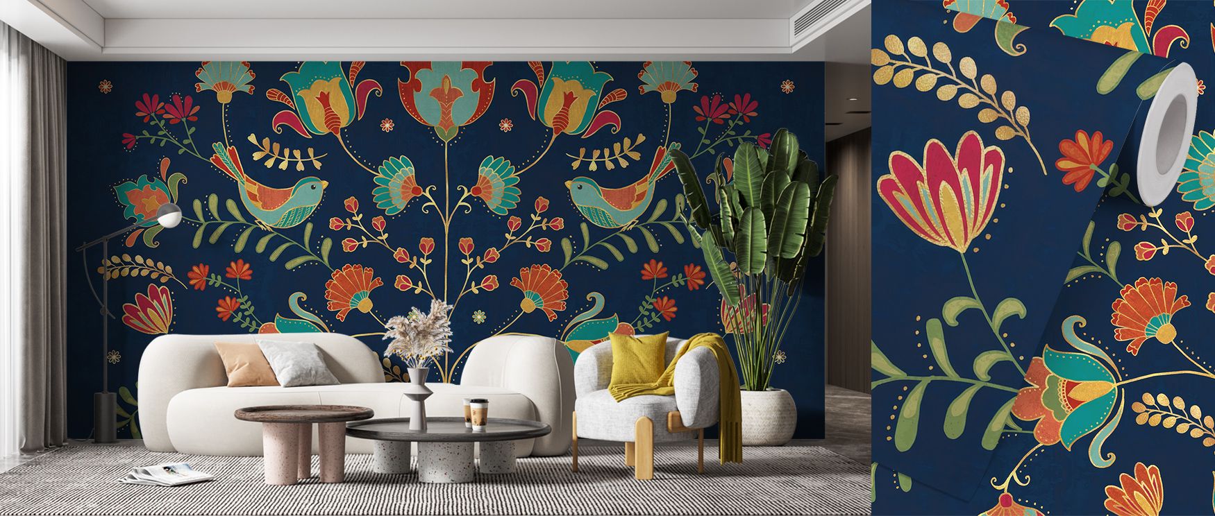 Folk Floral Dark Wallpaper thrives on decorative richness, floral motifs arranged in rhythm. Suitable for studies or kitchens, it enhances mood naturally. The design uplifts atmosphere while maintaining balance, enriching interiors with tradition. It beco