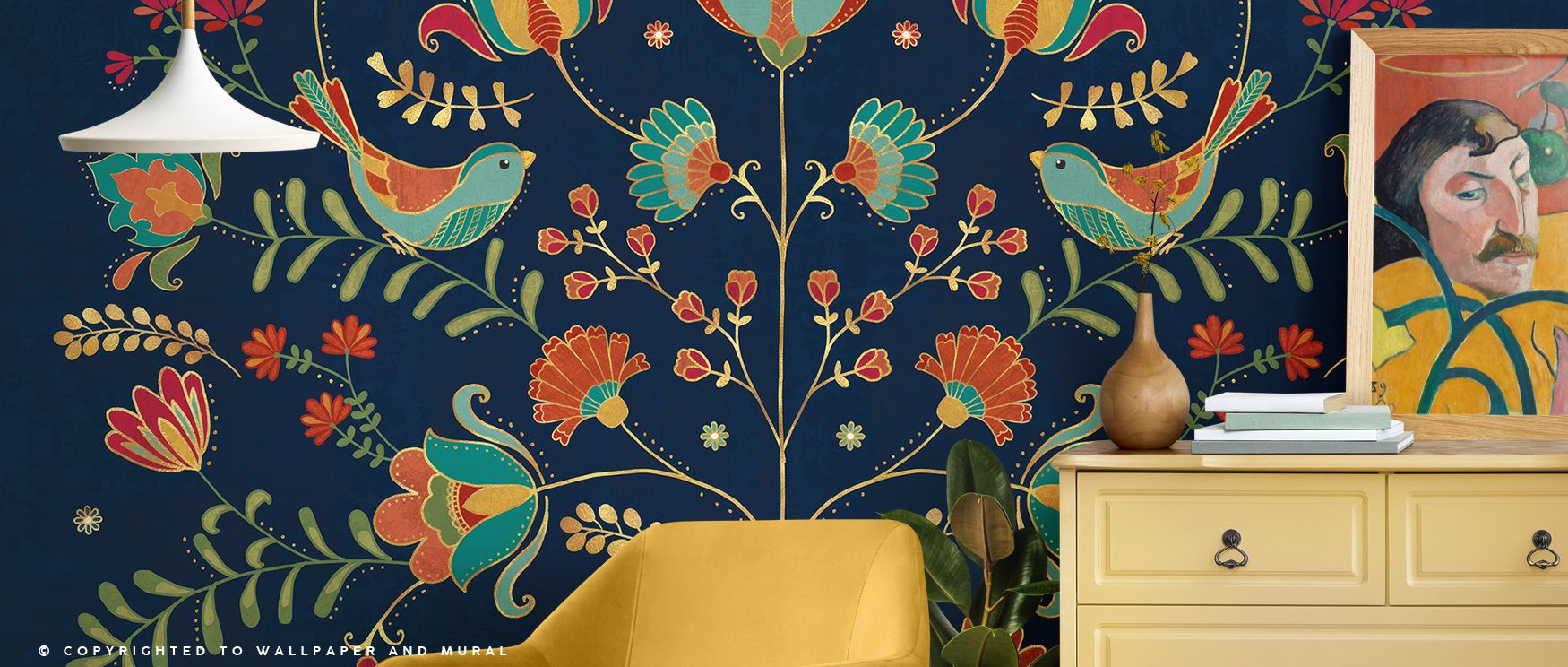 Folk Floral Dark Wallpaper beams timeless charm, floral imagery radiating serenity. Its tones suit bedrooms or family spaces, offering inspiration. The design thrives on tradition, uplifting mood naturally. It enriches walls with artistry, transforming in