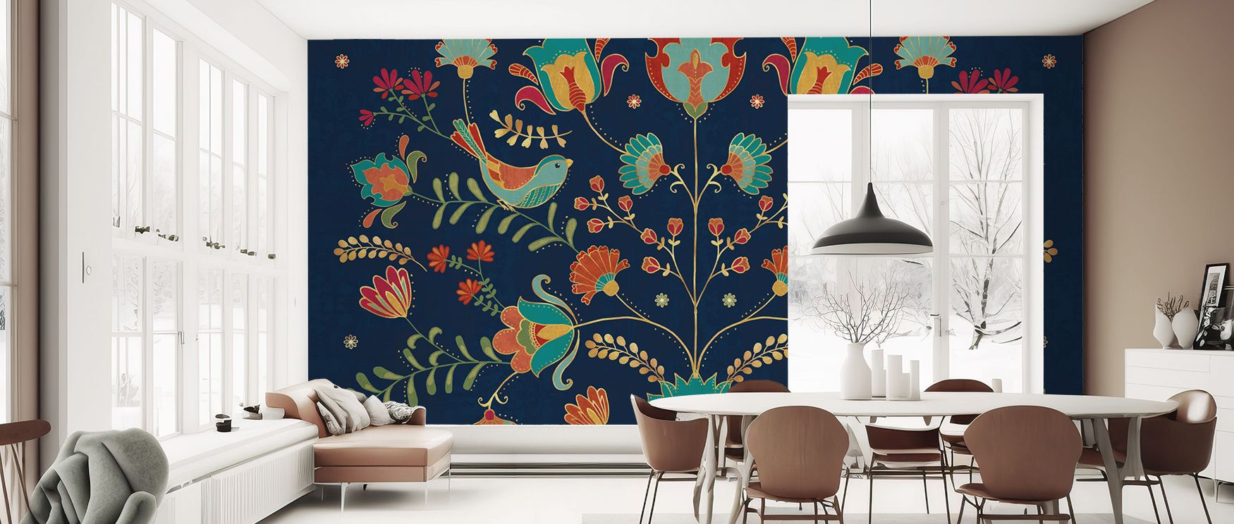 Through folk artistry, Folk Floral Dark Wallpaper enriches interiors with heritage charm. Its tones suit reflective rooms or creative corners, uplifting atmosphere naturally. The design thrives on tradition, weaving decorative richness into walls. It crea