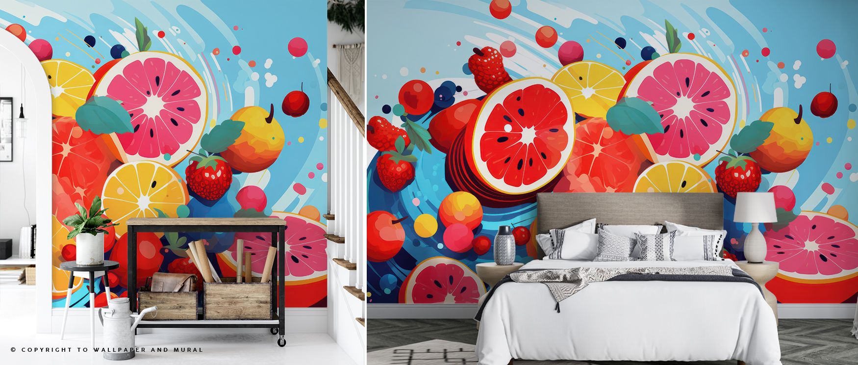 Fruits Approaching Wallpaper beams exotic artistry, fruit imagery arranged with elegance. Its tones suit family rooms or lounges, uplifting mood naturally. The design thrives on vibrancy, weaving balance into homes. It enriches walls gracefully, offering 
