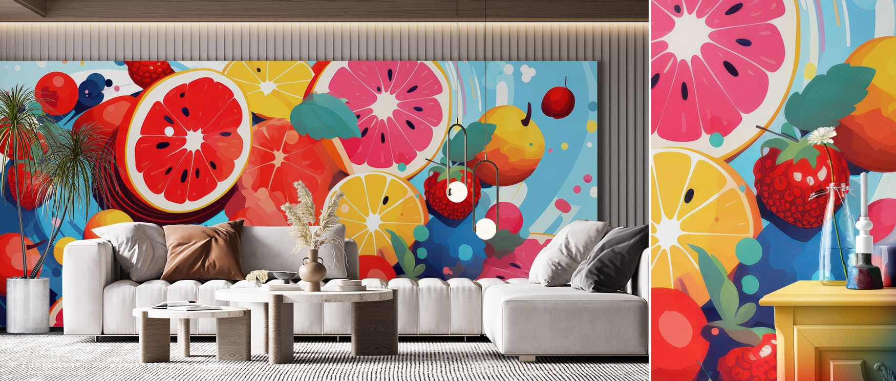 Fruits Approaching Wallpaper beams exotic charm, motifs radiating freshness. Its tones suit kitchens or lounges, enriching mood gracefully. The design thrives on liveliness, weaving vibrancy into interiors. It uplifts walls with cultural artistry, ensurin