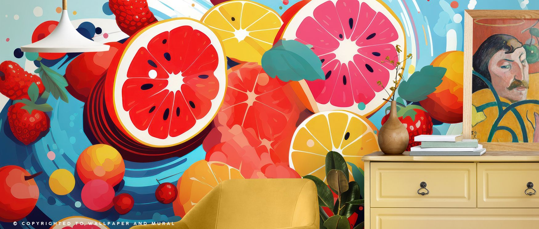 Exotic presence thrives in Fruits Approaching Wallpaper, fruit motifs enriching interiors with vitality. Suitable for studies or family spaces, it uplifts mood naturally. The design thrives on artistry, weaving inspiration into walls. It enriches daily li
