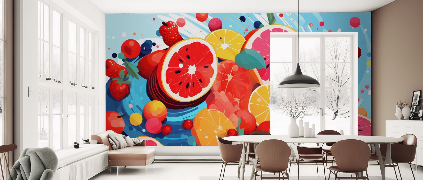 Fruits Approaching Wallpaper beams freshness, exotic imagery radiating beauty. Its tones enhance bedrooms or reflective spaces, uplifting atmosphere naturally. The design thrives on balance, weaving artistry into walls. It enriches homes with decorative r